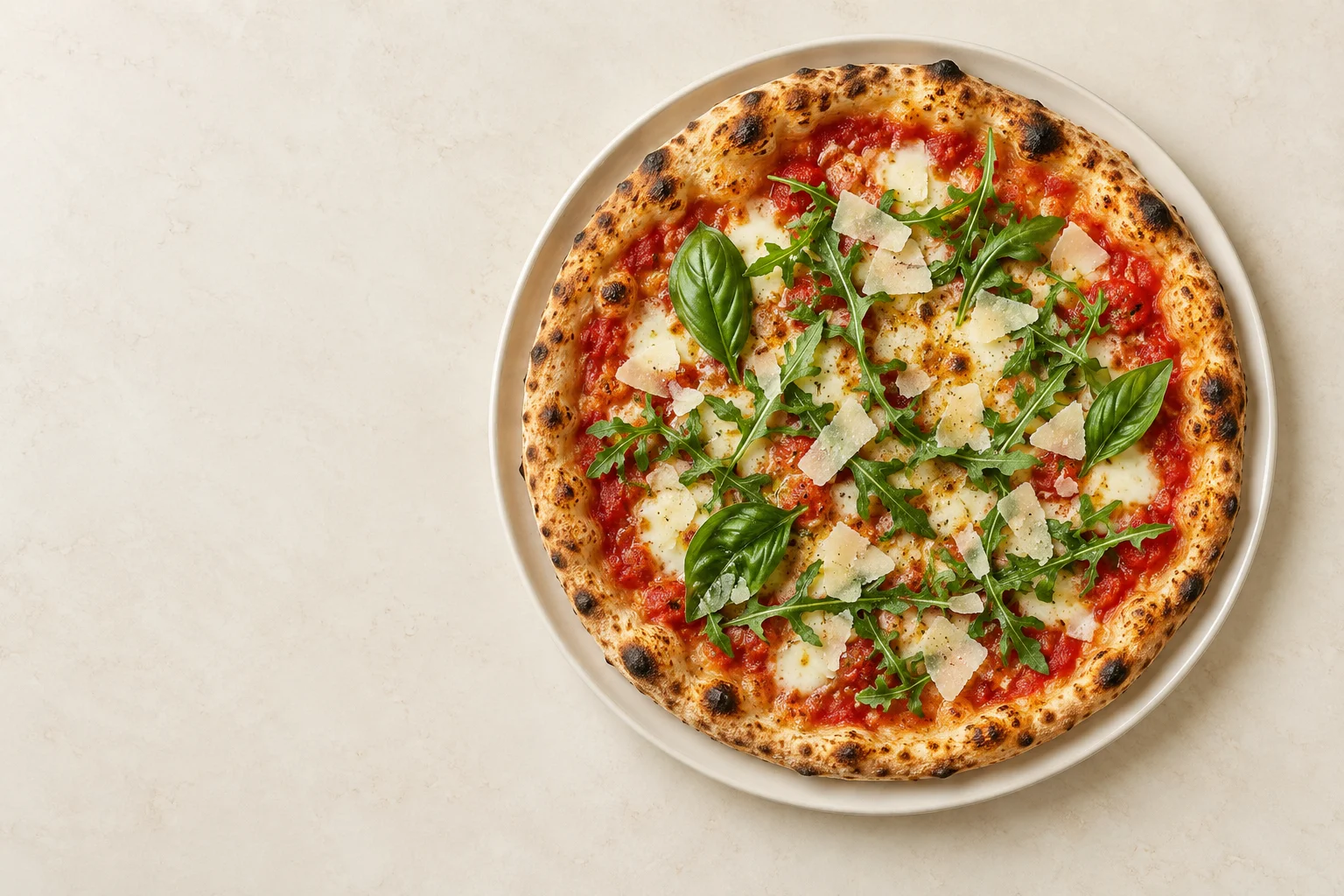 Italiensk pizza med mozzarella og frisk basilikum